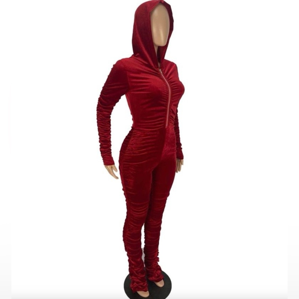 New! Red/Burgandy Stretchy Velvet Ruched Bodycon Hooded Jumpsuit, Size Medium